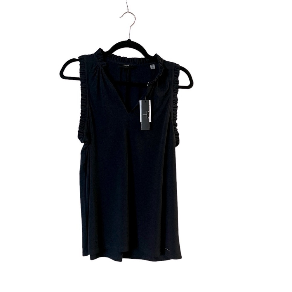 NWT T Tahari Nightlife Ruffled Trim Split Neck Sleeveless Top Blouse, M